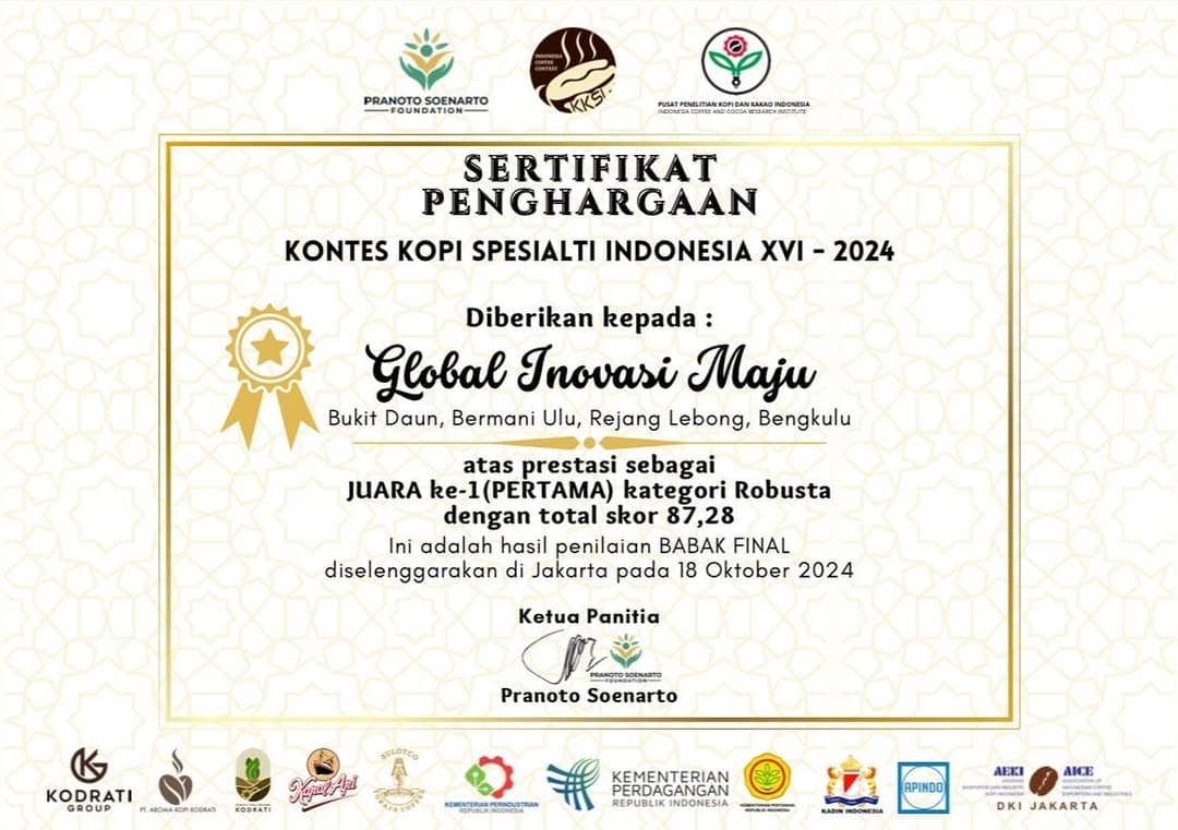 Certificate - 1st Place Winner Robusta Category - Indonesia Specialty Coffee Contest XVI 2024